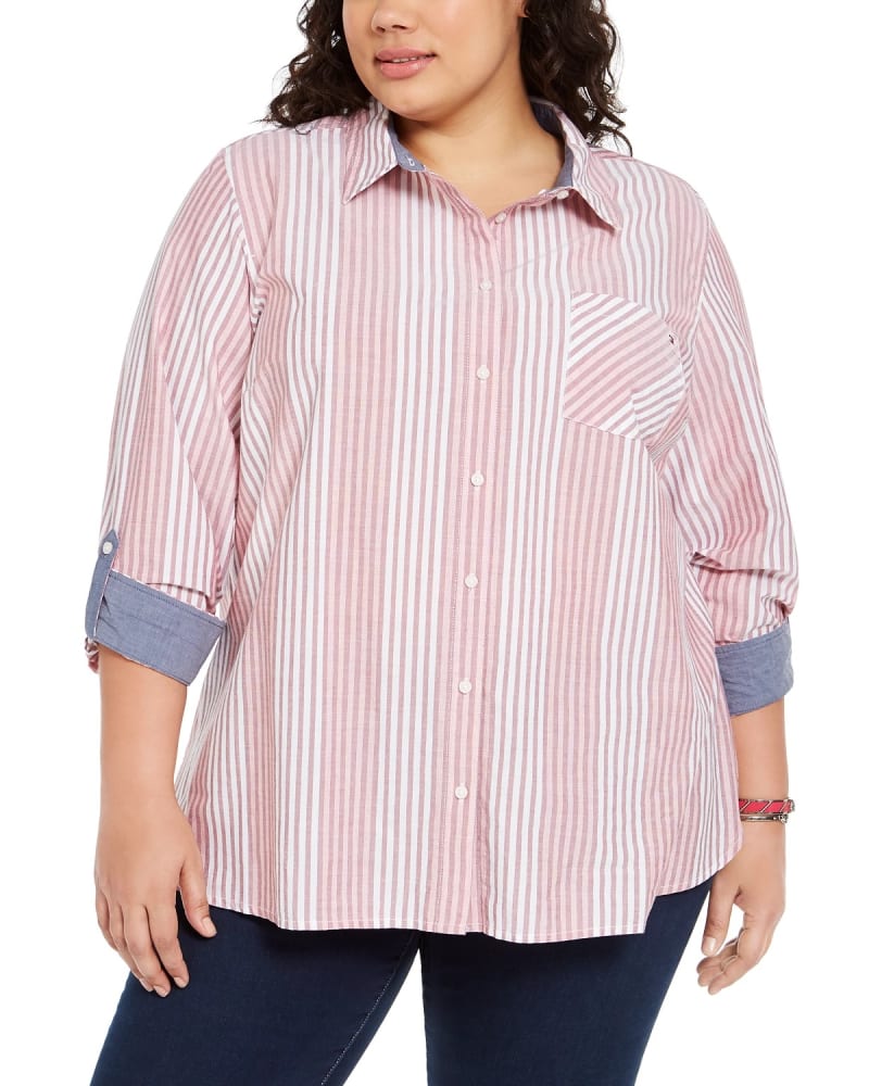 Front of a model wearing a size 1X Tommy Hilfiger Women's Plus Size Striped Cotton Shirt Red Size 1X in Red by Tommy Hilfiger. | dia_product_style_image_id:313760